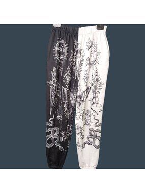 XL Black & White Boho Gothic Jogger Pants With Celestial & Botanical Print